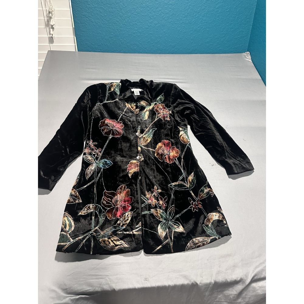 Coldwater Creek Black Velvet Floral Long Jacket PM